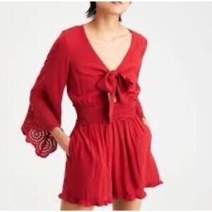 American Eagle Sz XS Short Romper Red Eyelet Bell Sleeve Deep Tie V-Neck Women’s